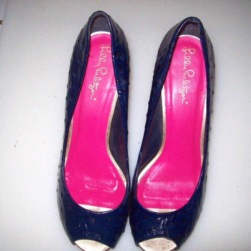 Lilly Pulitzer  slip on open toe navy with dot imprinted 6.5  cork wedge